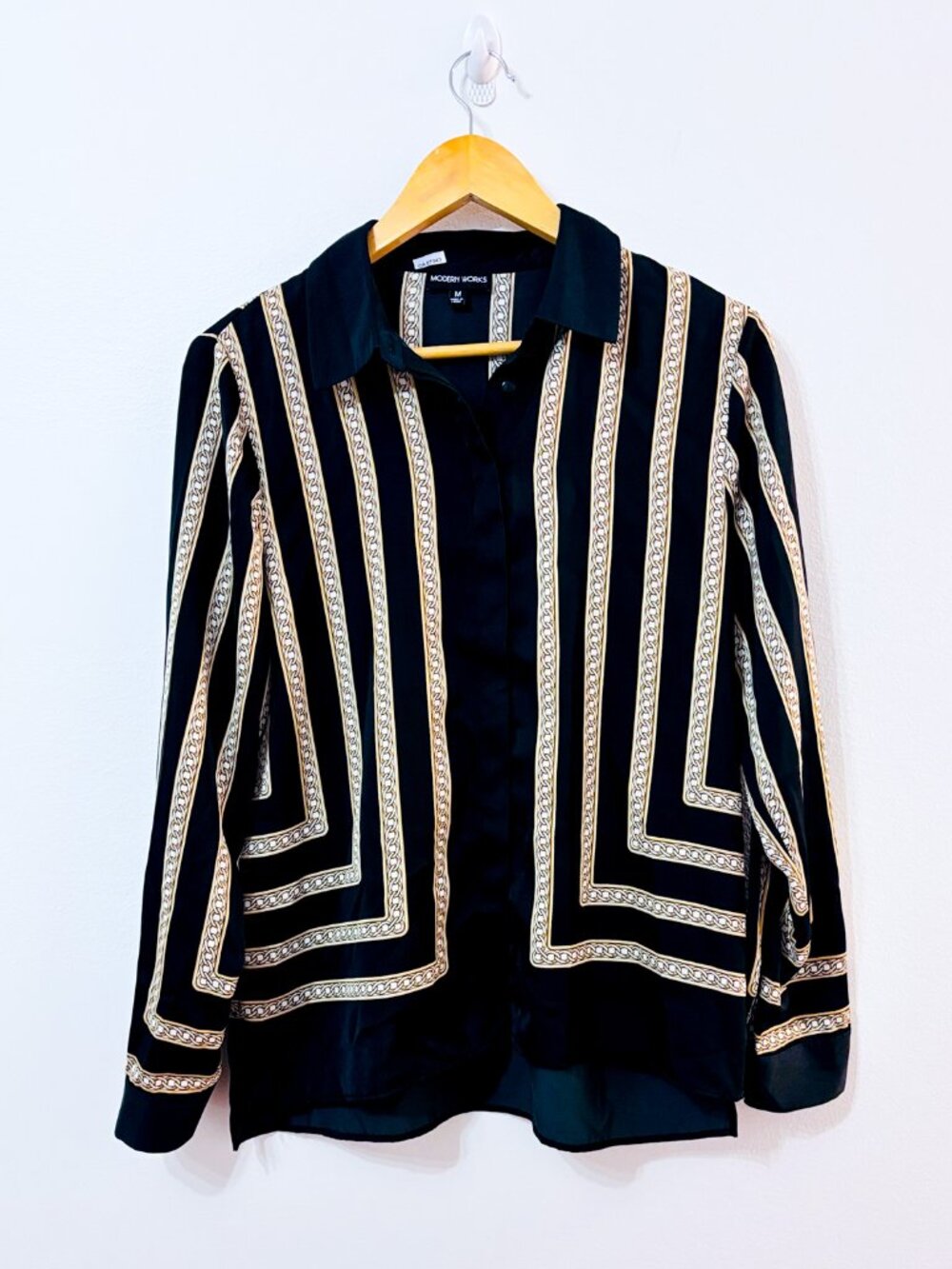 MODERN WORKS Black Satin Blouse | Chain Print Office Chic | Medium